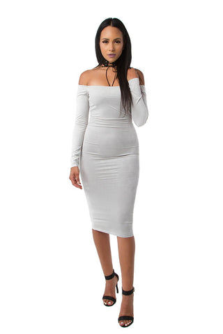 FINAL SALE-THE MYSTYLEMODE WHITE SUEDE DOUBLE LINED OFF THE SHOULDER MIDI DRESS