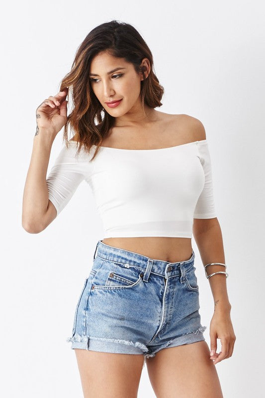 THE MYSTYLEMODE IVORY OFF THE SHOULDER 3/4 SLEEVE DOUBLE LINED CROP TOP