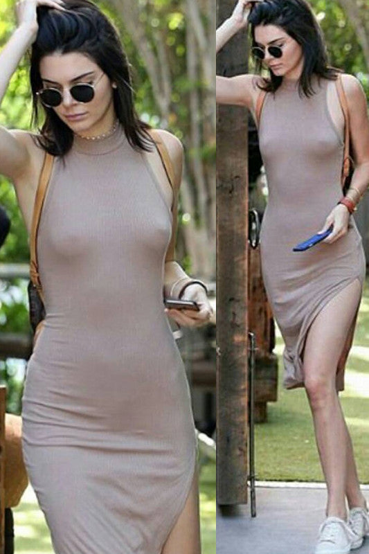 Kendall Jenner: Mocha Ribbed Dress, Beige Sneakers