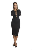 THE MYSTYLEMODE BLACK LONG SLEEVE LACED FRONT MIDI DRESS