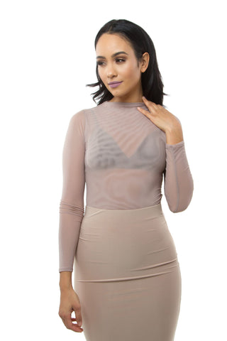 THE MYSTYLEMODE NUDE MESH CRISS CROSS FRONT LONG SLEEVE DOUBLE LINED BODYSUIT