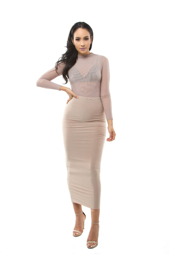 THE MYSTYLEMODE NUDE LONG SLEEVE FUNNEL NECK MESH