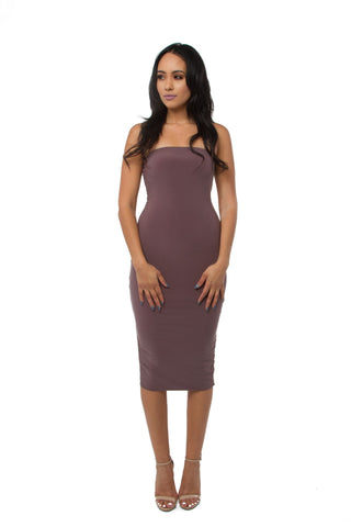 FINAL SALE-THE MYSTYLEMODE TAUPE CRISS CROSS TIE DOUBLE LINED BODYCON DRESS