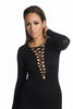 THE MYSTYLEMODE BLACK LONG SLEEVE LACED FRONT MIDI DRESS