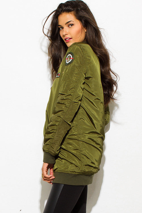 OLIVE GREEN MILITARY POCKETED PATCH EMBROIDERED PUFF BOMBER COAT JACKET