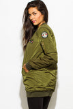 OLIVE GREEN MILITARY POCKETED PATCH EMBROIDERED PUFF BOMBER COAT JACKET