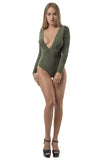THE MYSTYLEMODE OLIVE PLUNGING V NECK DOUBLE LINED ESSENTIAL BODYSUIT