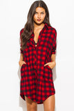 THE MYSTYLEMODE RED AND BLACK POCKETED FLANNEL TUNIC DRESS