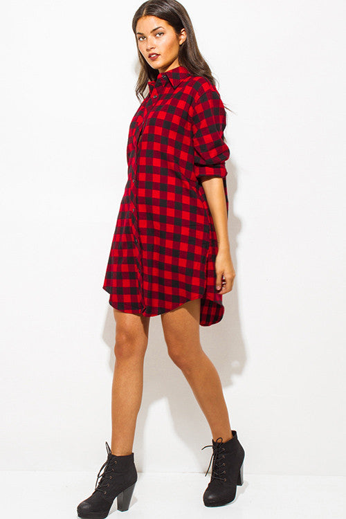 THE MYSTYLEMODE RED AND BLACK POCKETED FLANNEL TUNIC DRESS