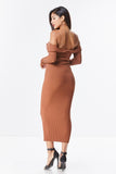 THE MYSTYLEMODE RUST KNIT RIBBED OFF THE SHOULDER MIDI DRESS
