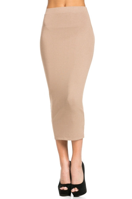 THE MYSTYLEMODE TAUPE FITTED KNIT MIDI SKIRT