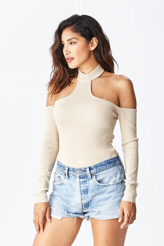 THE MYSTYLEMODE NUDE RIBBED BUTTON UP SHORT SLEEVE BODYSUIT