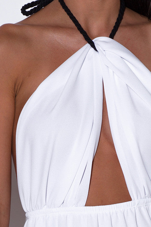 FINAL SALE-WHITE CUT OUT SLIT ROPE HALTER WRAP NECK BACKLESS EVENING MAXI SUN DRESS